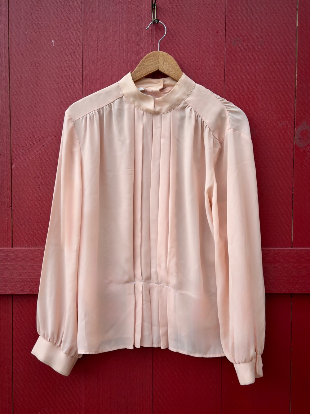 Vintage Blush Pleated Mock-Neck Blouse